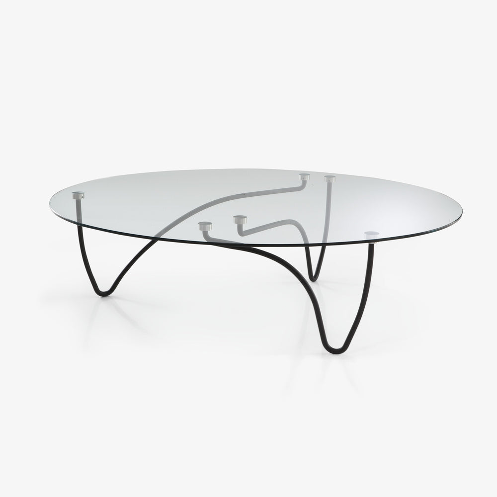 Stolik kawowy Rythme Oval — Ligne Roset, blat szklany, nogi metalowe czarne, widok z przodu