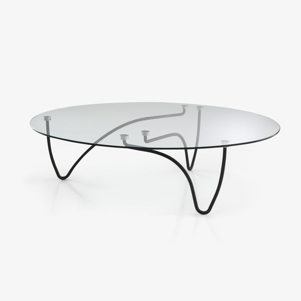 Stolik kawowy Rythme Oval — Ligne Roset, blat szklany, nogi metalowe czarne, widok z przodu
