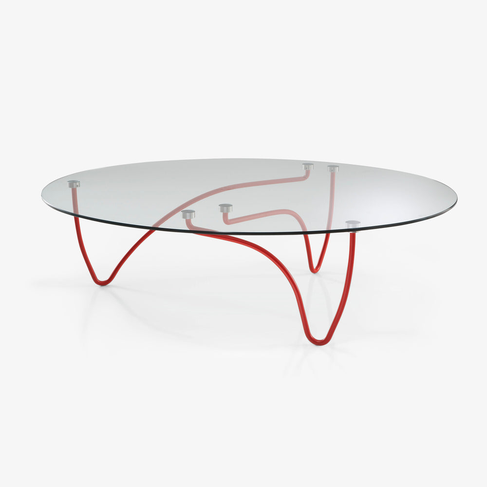 Stolik kawowy Rythme Oval — Ligne Roset, blat szklany, nogi metalowe czarne, widok z przodu