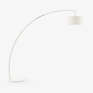 Dimensions — lampa w wersji białej, łuk metalowy, abażur kremowy