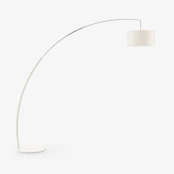 Dimensions — lampa w wersji białej, łuk metalowy, abażur kremowy