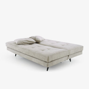 Nomade-Express Wersja 2 — sofa w pozycji łóżka, poduszki, nogi metalowe czarne