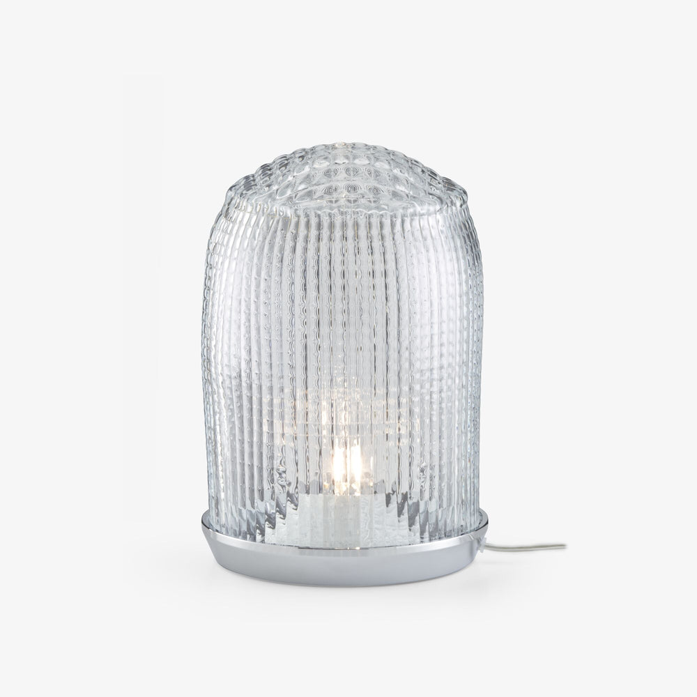 Lampa stołowa Car Light — Ligne Roset, szklany klosz z pionowymi żebrami, podstawa metalowa, widok z przodu