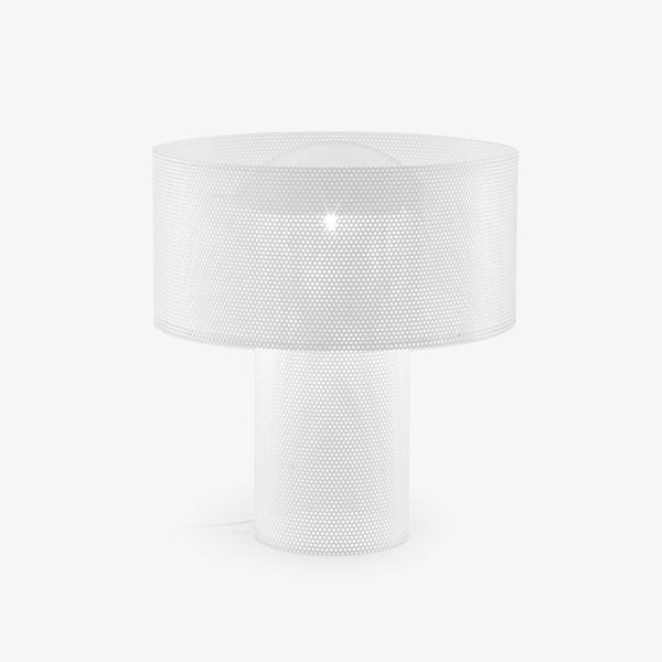 Lampa stołowa Asola — Ligne Roset, abażur cylindryczny z perforowanej blachy, widok z przodu