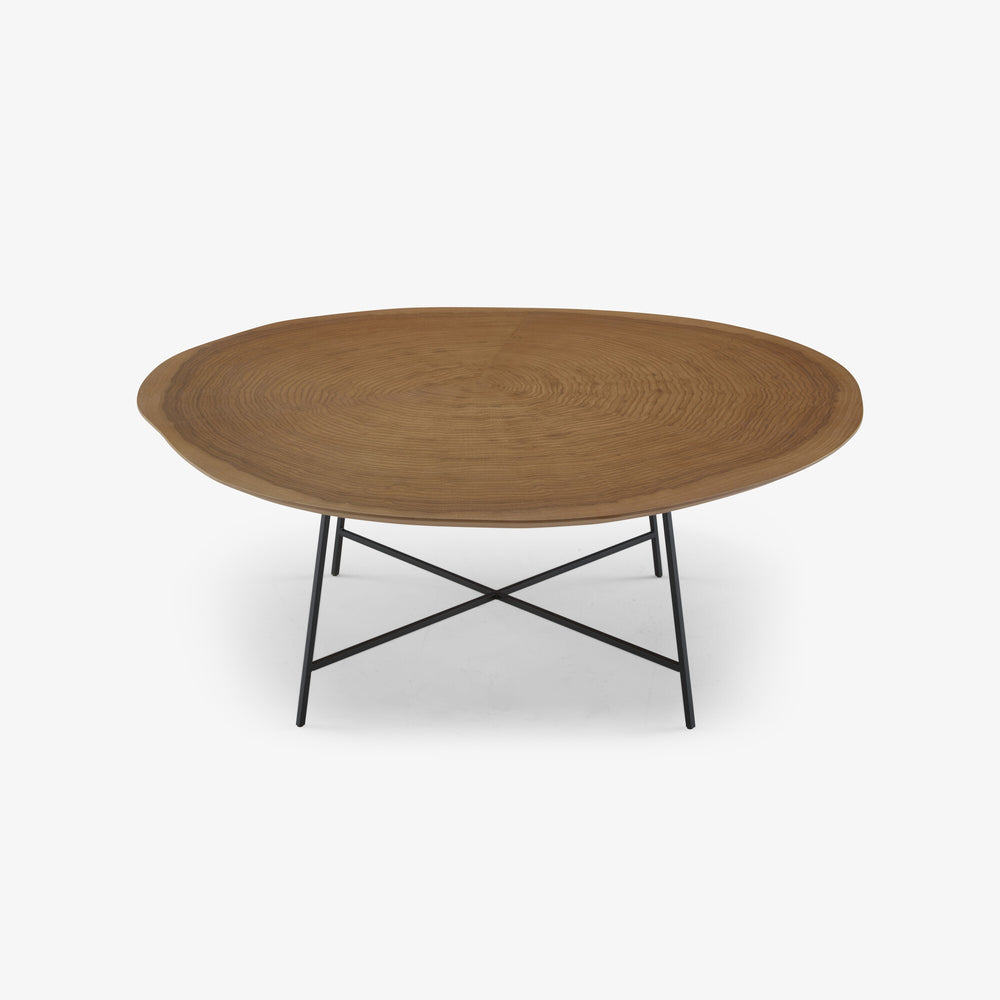Stolik kawowy Alburni — Ligne Roset, blat drewniany, nogi metalowe, widok z przodu