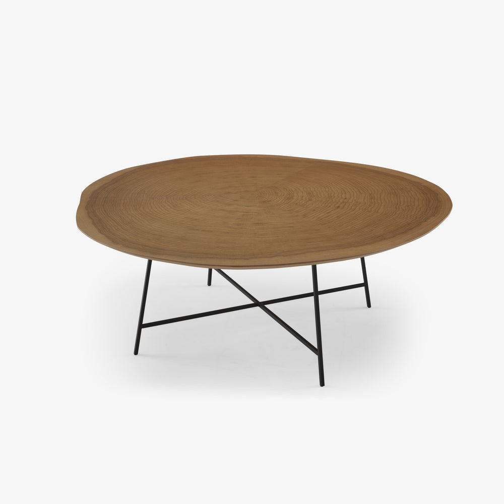 Stolik kawowy Alburni — Ligne Roset, blat drewniany, nogi metalowe, widok z przodu