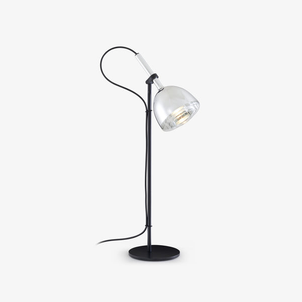 Lampa stołowa Chrome Bell — Ligne Roset, abażur przezroczysty, wysięgnik czarny, widok z przodu