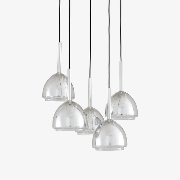 Lampa wisząca Chrome Bell — Ligne Roset, pięć kloszy w chromie, widok z przodu