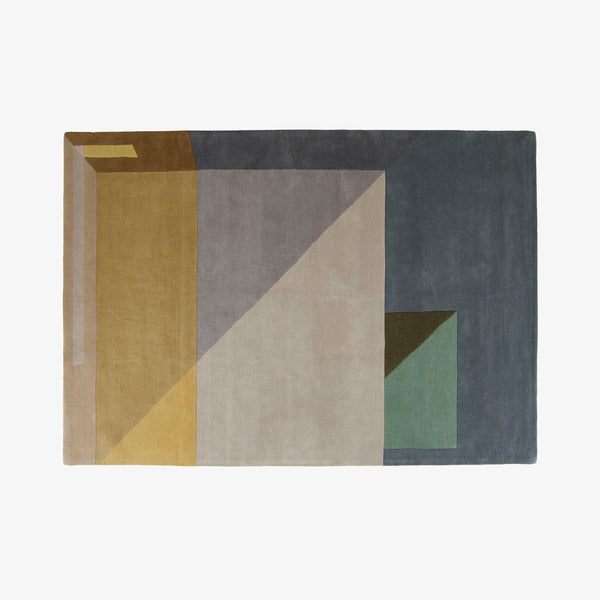 Dywan Agosto — Ligne Roset, geometryczny wzór w kolorach złotym, szarym, zielonym i antracycie, widok z góry