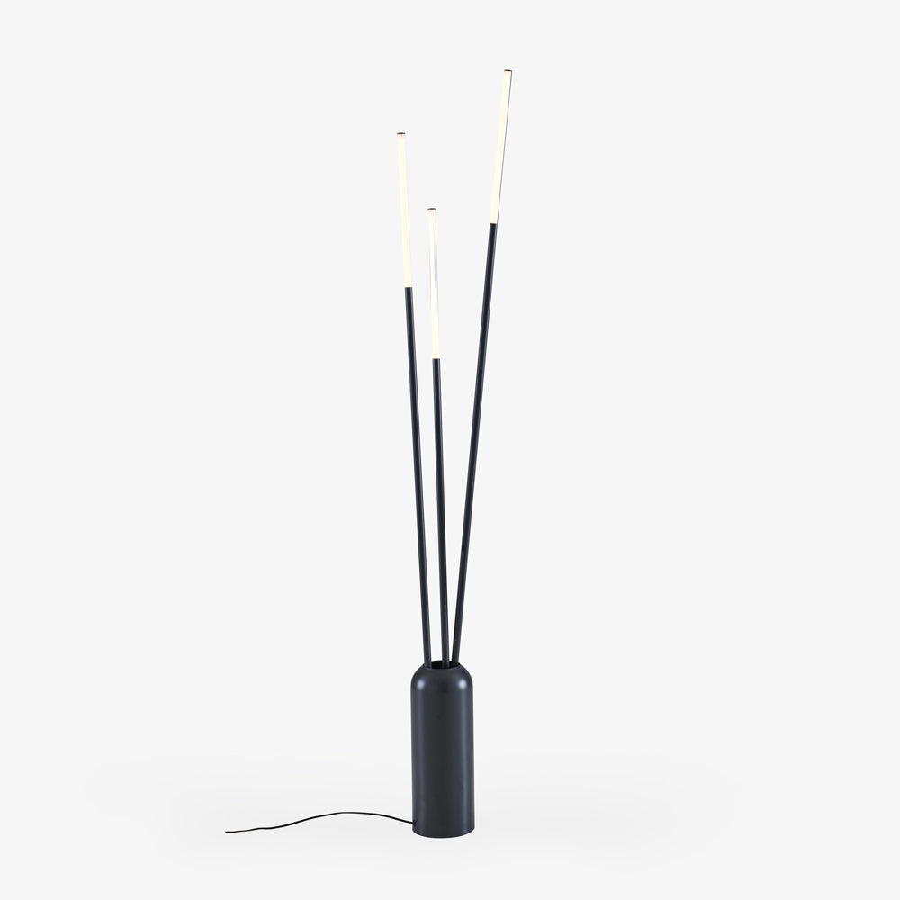 Lampa podłogowa Bambu — Ligne Roset, trzy pręty z czarnymi i przezroczystymi segmentami, podstawa cylindryczna