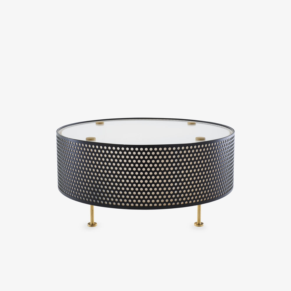 Lampa stołowa G50 — Ligne Roset, abażur perforowany czarny, blat mleczny, nogi mosiężne