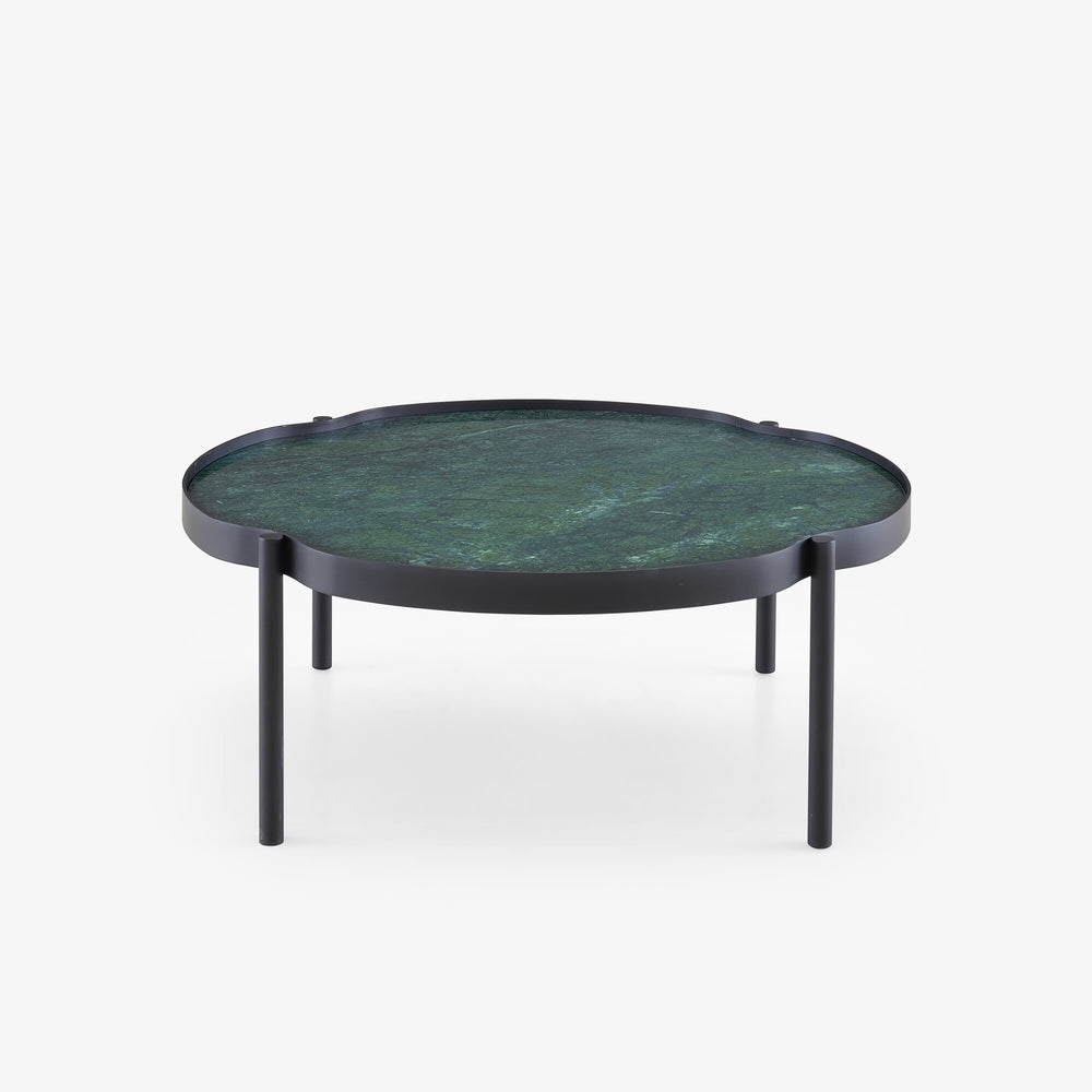Stolik kawowy Mallea — Ligne Roset, blat marmur zielony, nogi metalowe czarne, widok z przodu