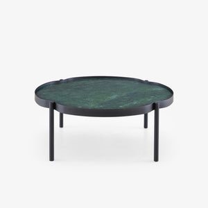 Stolik kawowy Mallea — Ligne Roset, blat marmur zielony, nogi metalowe czarne, widok z przodu