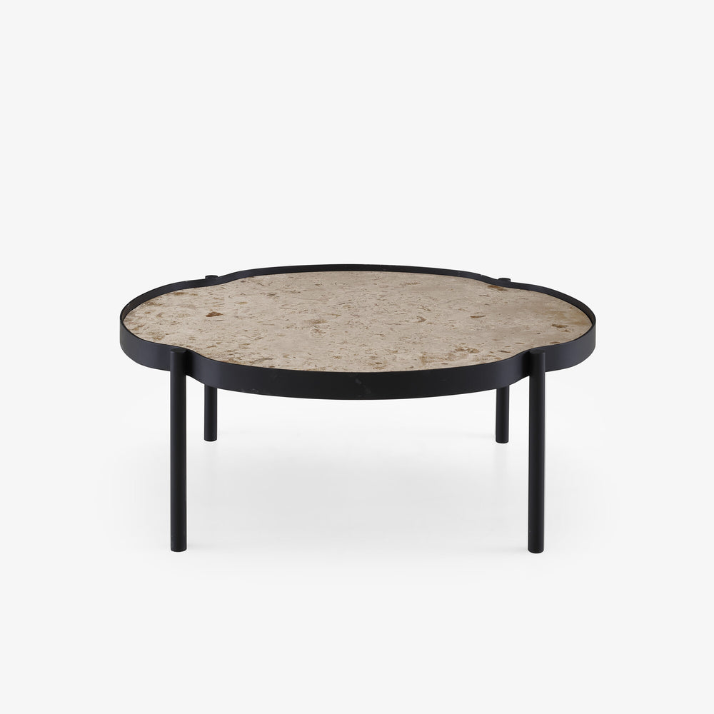 Stolik kawowy Mallea — Ligne Roset, blat marmur zielony, nogi metalowe czarne, widok z przodu