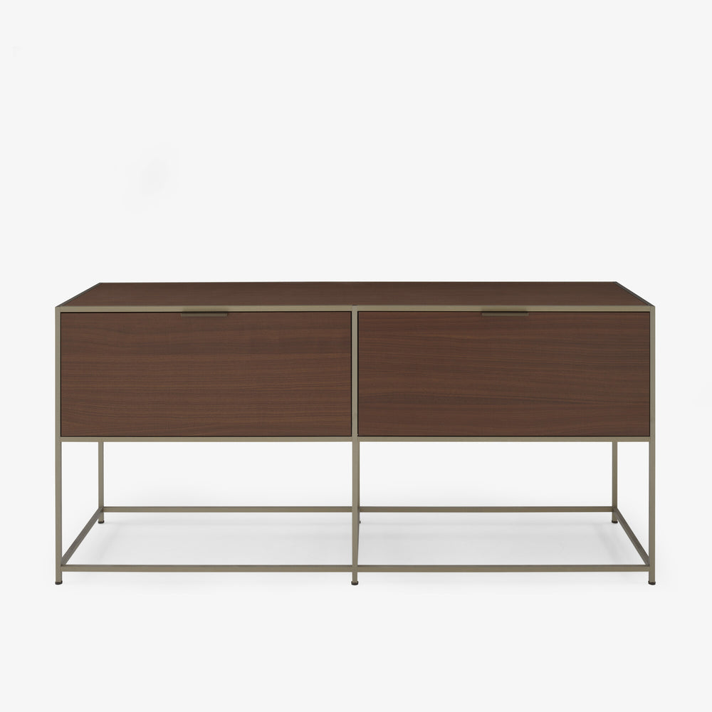 Konsola Dita — Ligne Roset, dwie klapy drewniane, rama metalowa, widok z przodu