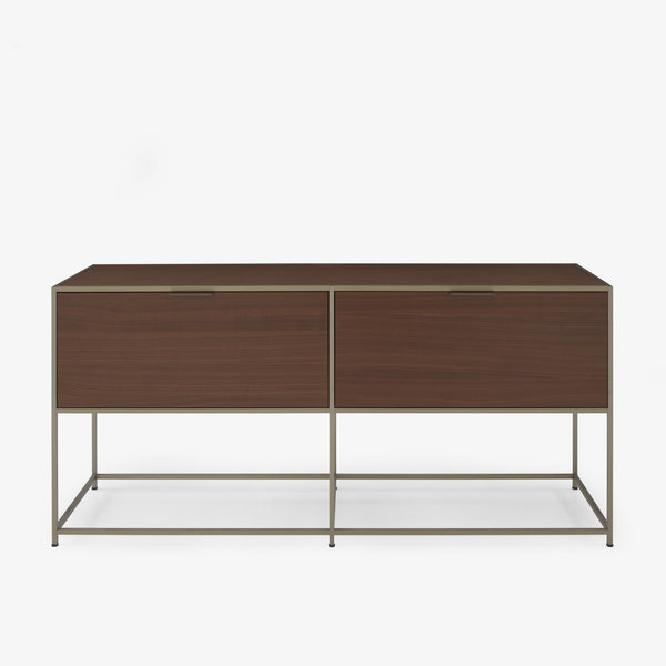 Konsola Dita — Ligne Roset, dwie klapy drewniane, rama metalowa, widok z przodu