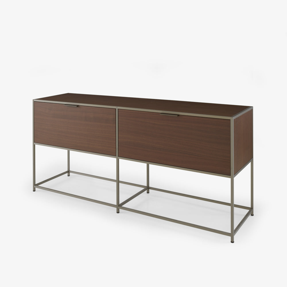 Konsola Dita — Ligne Roset, dwie klapy drewniane, rama metalowa, widok z przodu