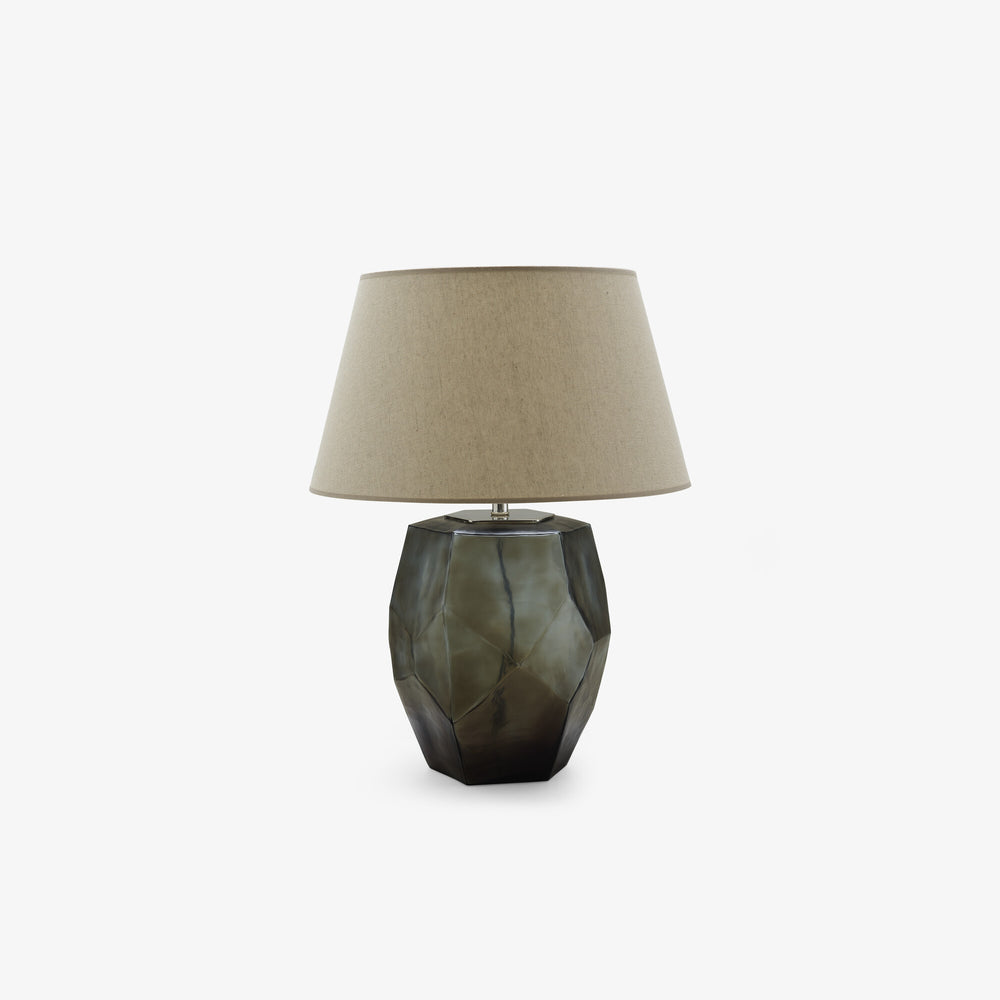 Lampa stołowa Asymetric — Ligne Roset, podstawa szklana w kolorze dymnym, abażur lniany, widok frontalny