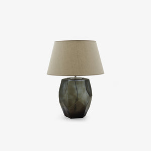 Lampa stołowa Asymetric — Ligne Roset, podstawa szklana w kolorze dymnym, abażur lniany, widok frontalny