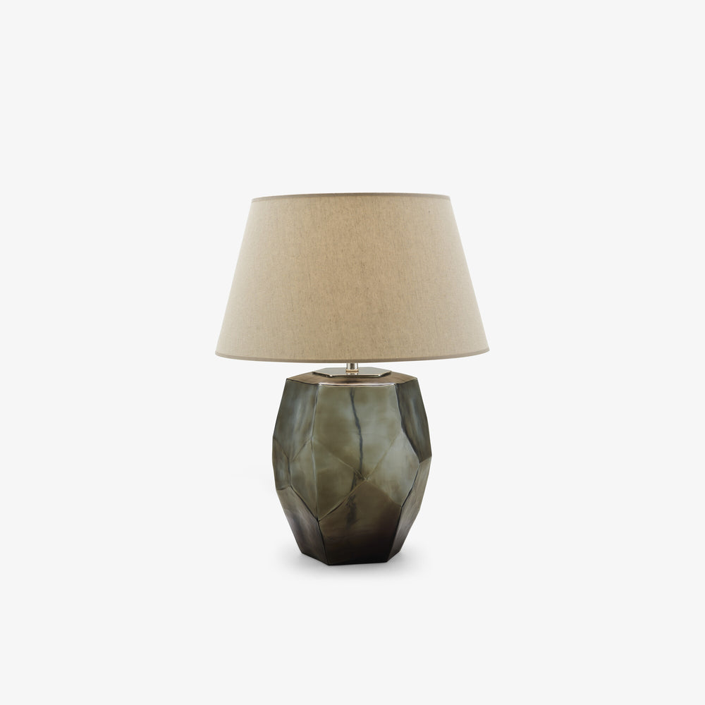 Lampa stołowa Asymetric — Ligne Roset, podstawa szklana w kolorze dymnym, abażur lniany, widok frontalny