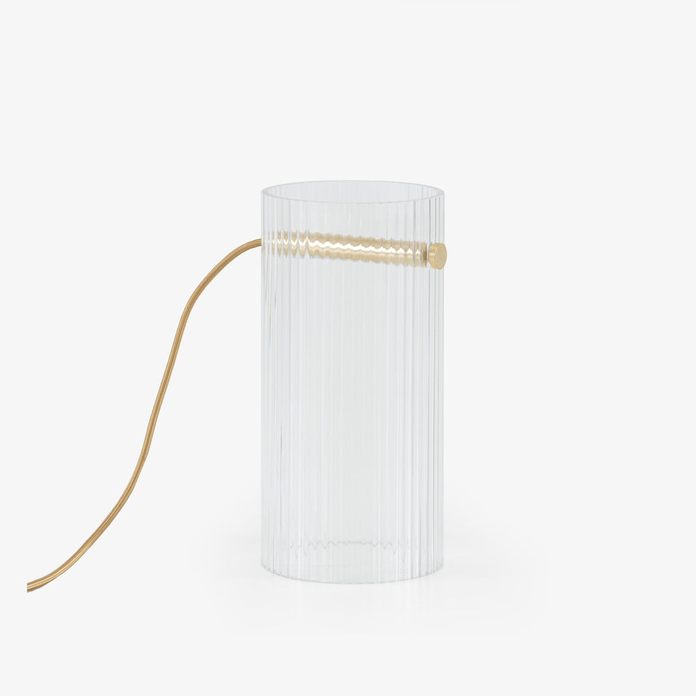Lampa stołowa Doric — Ligne Roset, szklany cylinder z drewnianym uchwytem, widok z przodu
