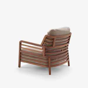 Flax High Back — widok z tyłu, wysoki backrest z tapicerką, drewniana konstrukcja