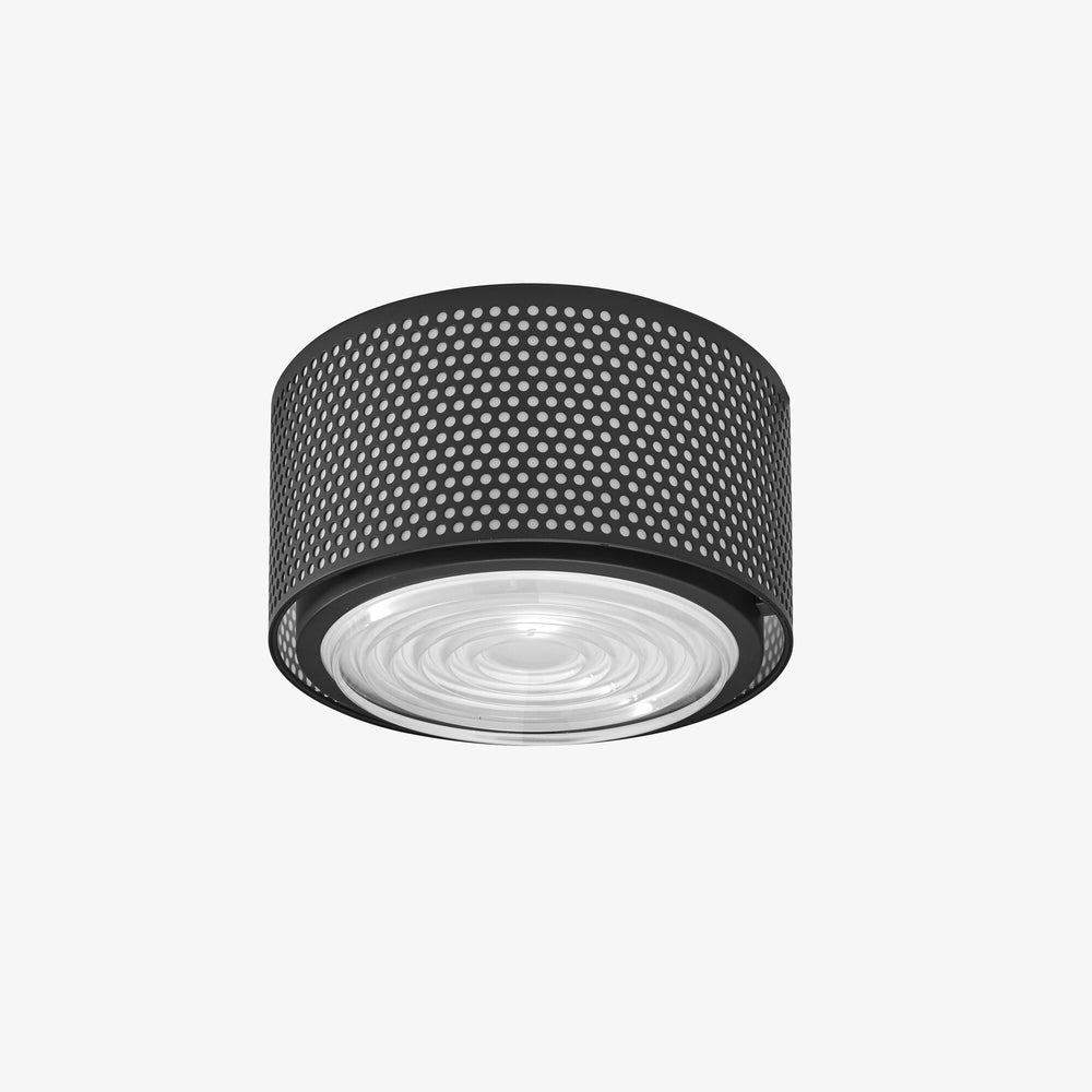 Lampa wisząca G13 m — Ligne Roset, obudowa perforowana czarna, dyfuzor mleczny, widok z przodu