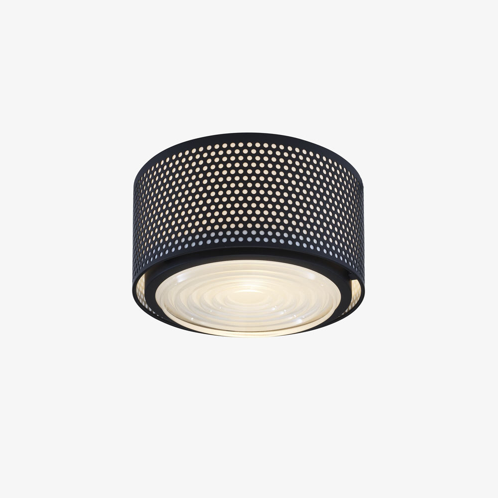 Lampa wisząca G13 m — Ligne Roset, obudowa perforowana czarna, dyfuzor mleczny, widok z przodu