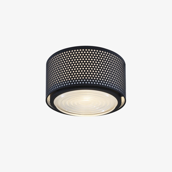 Lampa wisząca G13 m — Ligne Roset, obudowa perforowana czarna, dyfuzor mleczny, widok z przodu