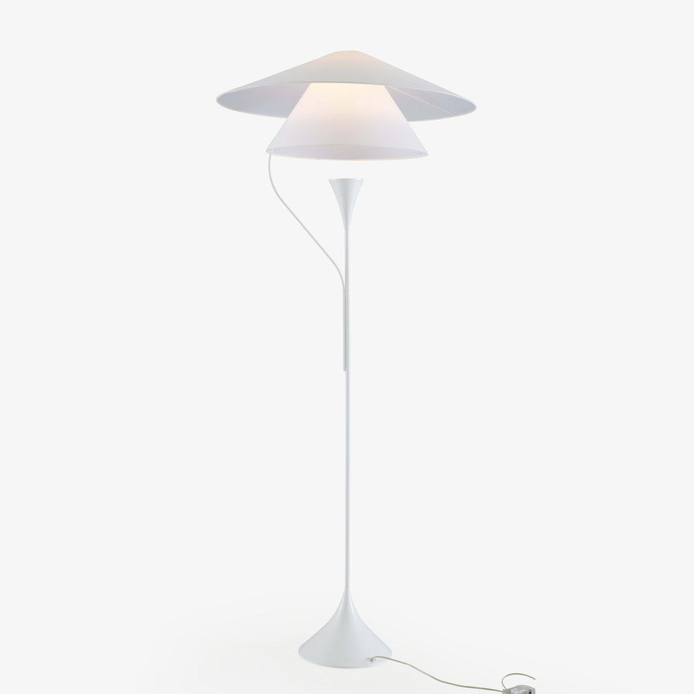 Lampa podłogowa Apogée — Ligne Roset, abażur dwuczęściowy, noga stożkowa, widok z przodu