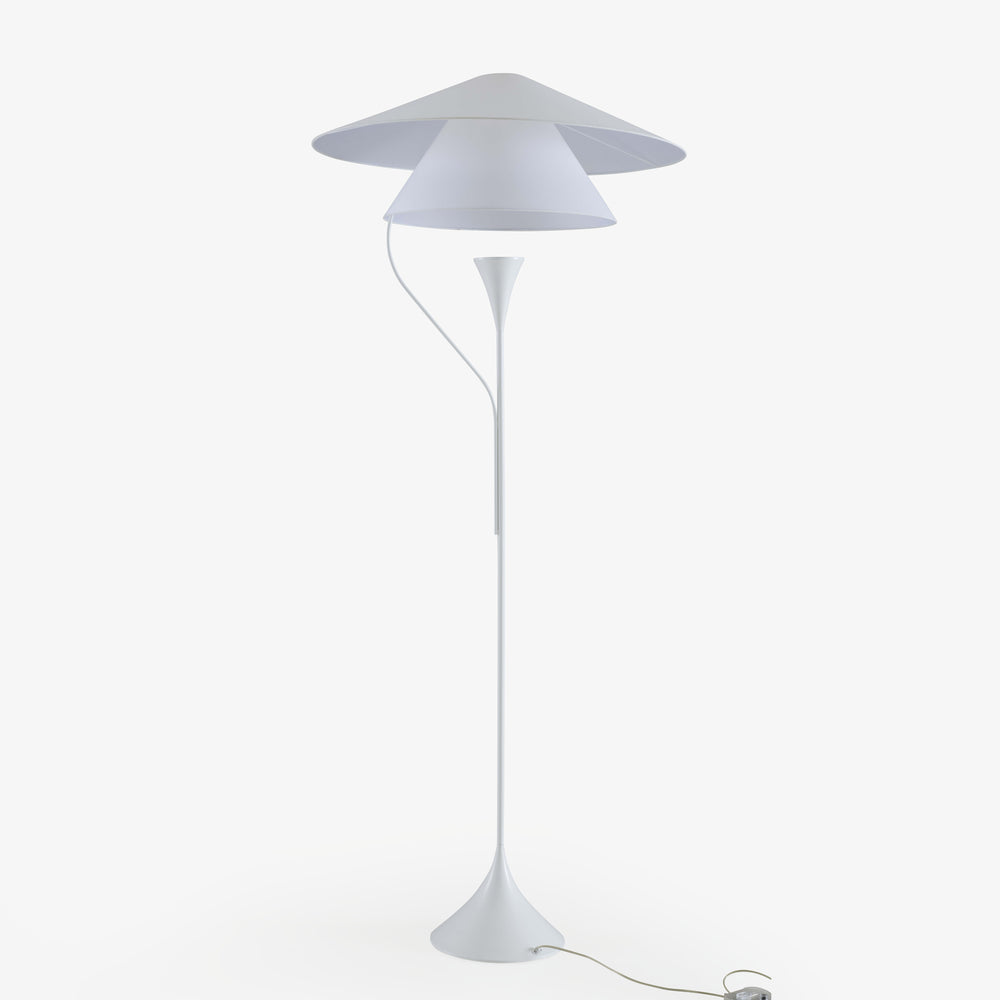Lampa podłogowa Apogée — Ligne Roset, abażur dwuczęściowy, noga stożkowa, widok z przodu