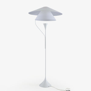 Lampa podłogowa Apogée — Ligne Roset, abażur dwuczęściowy, noga stożkowa, widok z przodu