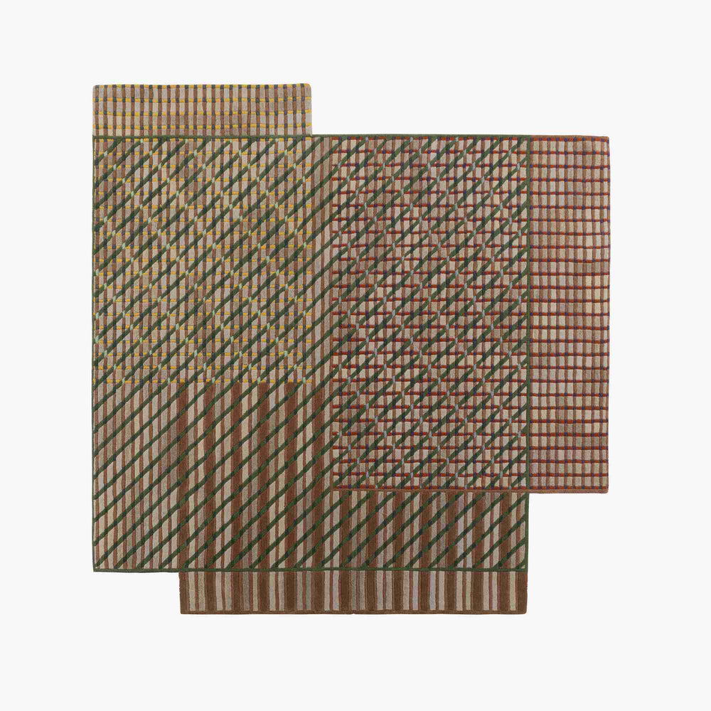 Dywan Convergence — Ligne Roset, geometryczne wzory w tonacji beżu, brązu i zieleni, widok z góry
