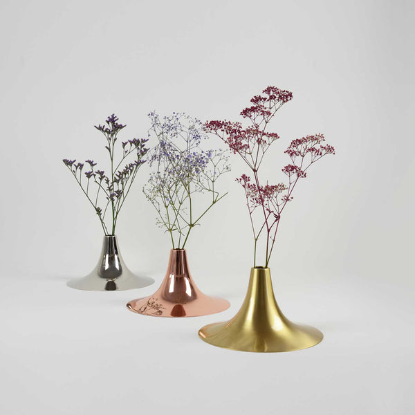 Gloss Copper — trzy warianty kolorystyczne, metal miedź, srebro i złoto, z kwiatami