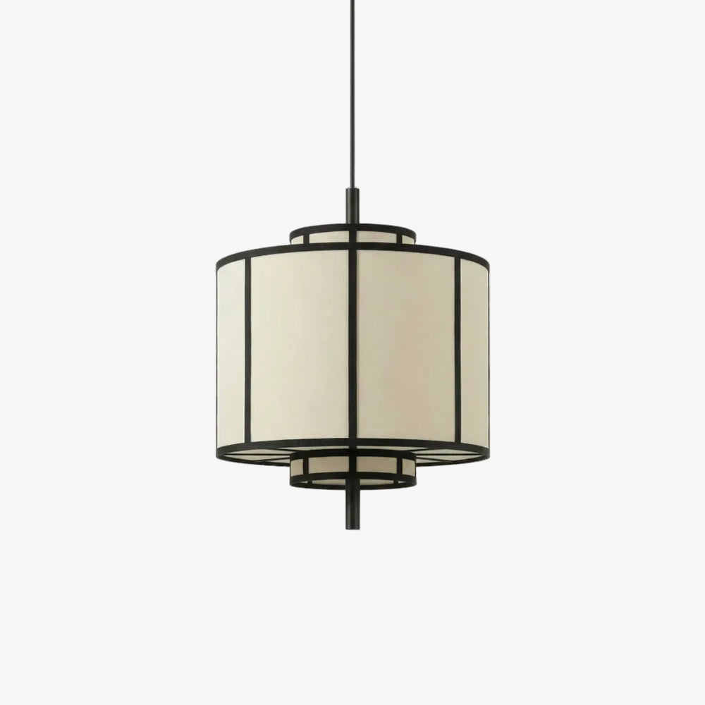 Lampa wisząca Aura 40 — Tamo, abażur cylindryczny w tkaninie, rama metalowa czarna