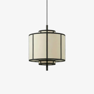 Lampa wisząca Aura 40 — Tamo, abażur cylindryczny w tkaninie, rama metalowa czarna