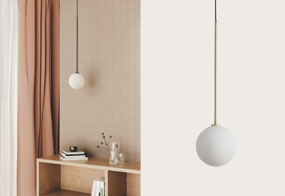 Lampa wisząca Ball — Aromas Del Campo, kula mleczna, zawieszenie na długim sznurze, widok z przodu
