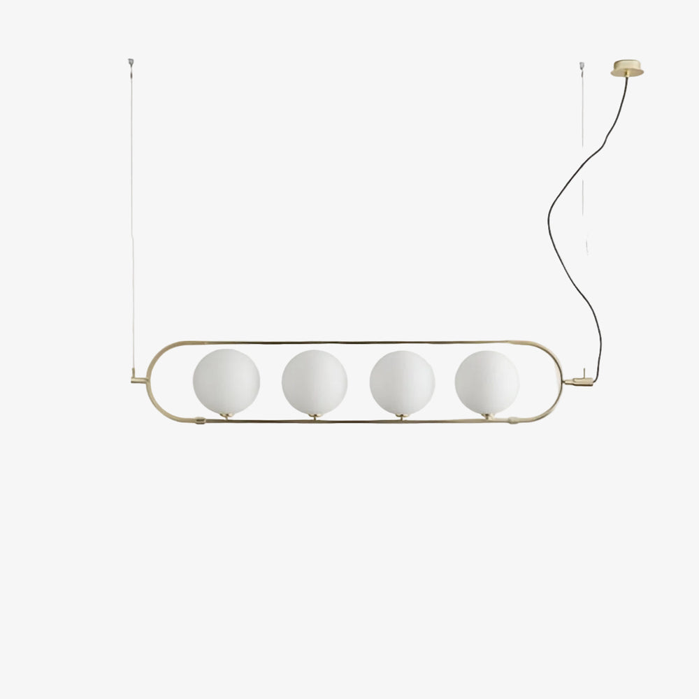 Lampa wisząca Abbacus 4 — Aromas Del Campo, cztery kule mleczne, rama mosiądzu, widok z przodu