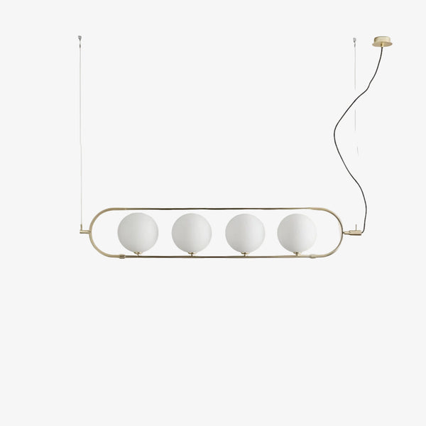 Lampa wisząca Abbacus 4 — Aromas Del Campo, cztery kule mleczne, rama mosiądzu, widok z przodu