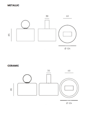 Cora — schemat techniczny lampy, wymiary cylindrycznego abażuru i metalowego uchwytu, wersje ceramiczna i metalowa