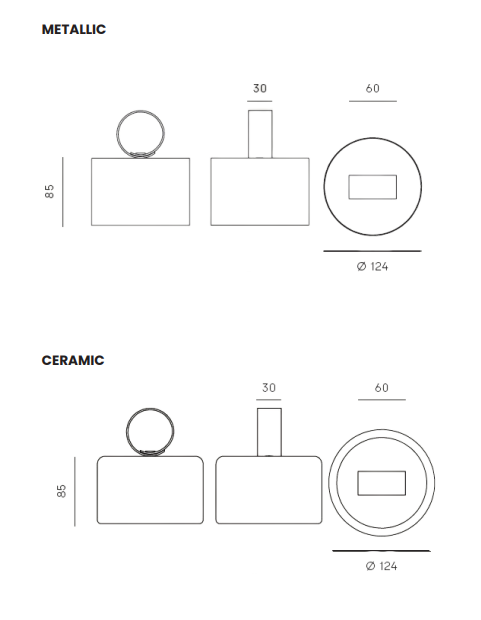 Cora — schemat techniczny lampy, wymiary cylindrycznego abażuru i metalowego uchwytu, wersje ceramiczna i metalowa
