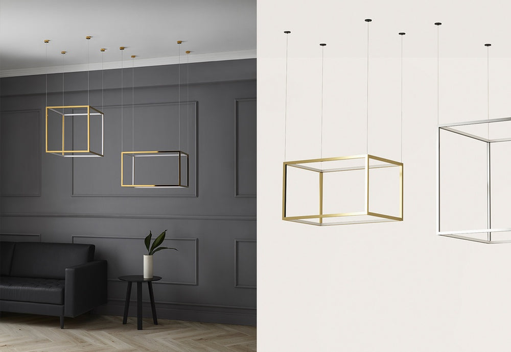 Lampa wisząca Cube-X — Aromas Del Campo, struktura geometryczna z metalową ramą, widok z przodu