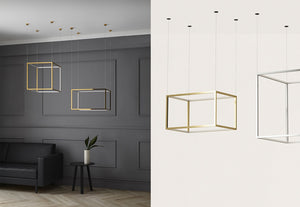 Cube-X — konfiguracja dwóch lamp w aranżacji wnętrza, wersje w kolorze złotym i białym