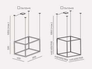 Cube-X — schemat techniczny wymiarów i wariantów konfiguracyjnych lampy