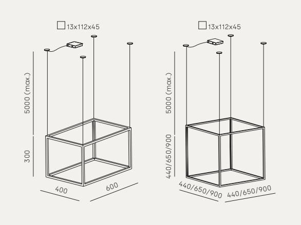 Cube-X — schemat techniczny wymiarów i wariantów konfiguracyjnych lampy