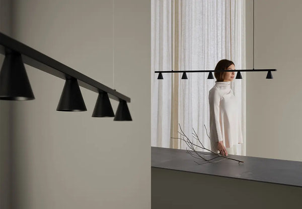 Lyb 5 — lampa w aranżacji minimalistycznego wnętrza, czarne abażury nad blatem, ujęcie lifestyle