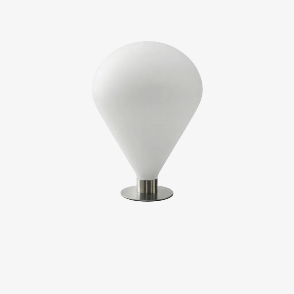 Lampa stołowa Ely — Tamo, opalowy klosz w kształcie łzy, podstawa metalowa, widok z przodu