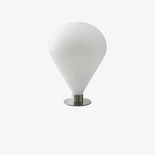 Lampa stołowa Ely — Tamo, opalowy klosz w kształcie łzy, podstawa metalowa, widok z przodu