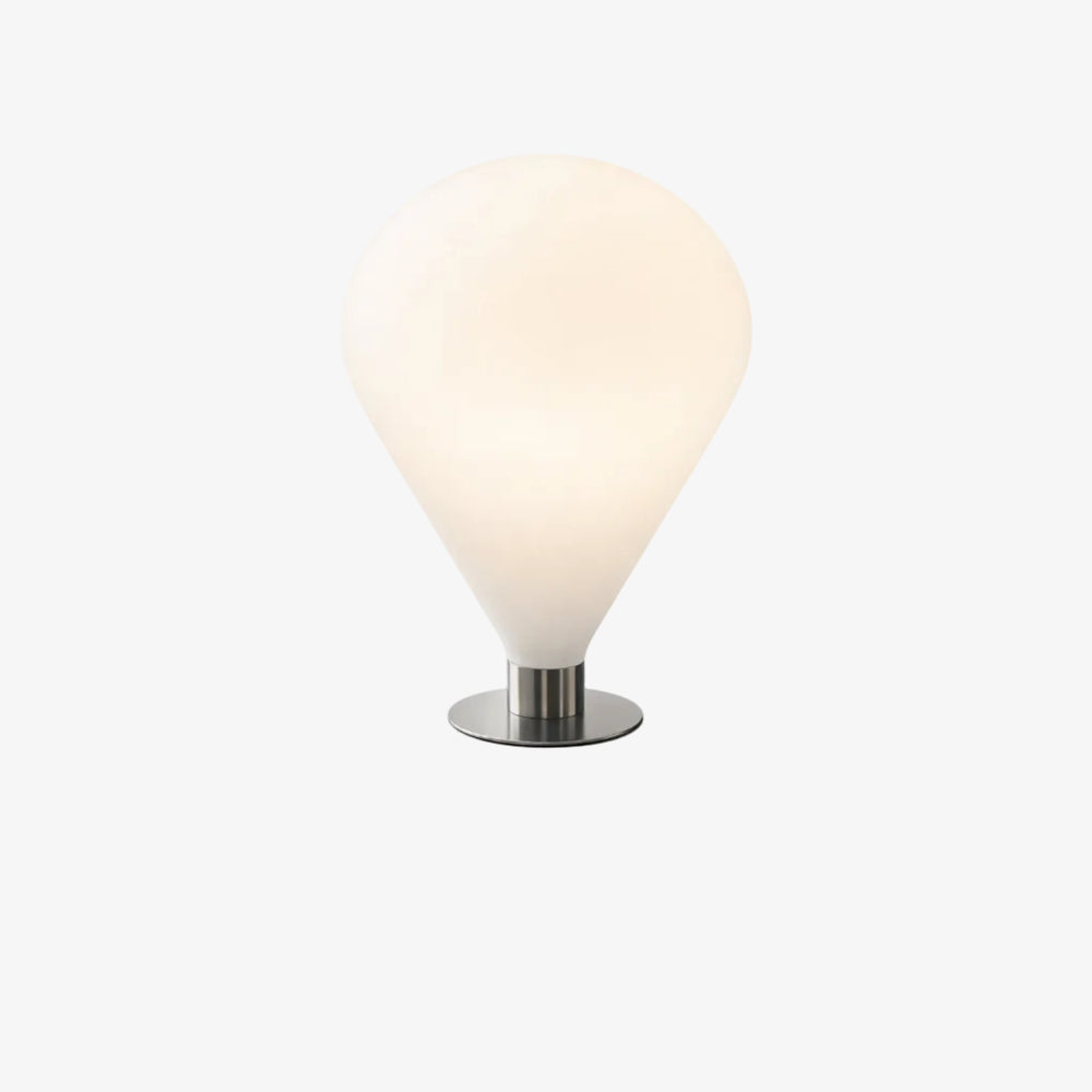Lampa stołowa Ely — Tamo, opalowy klosz w kształcie łzy, podstawa metalowa, widok z przodu