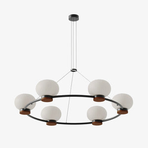 Lampa wisząca Irzo 6 — Aromas Del Campo, sześć kloszy w białej tkaninie, rama czarna, widok z przodu